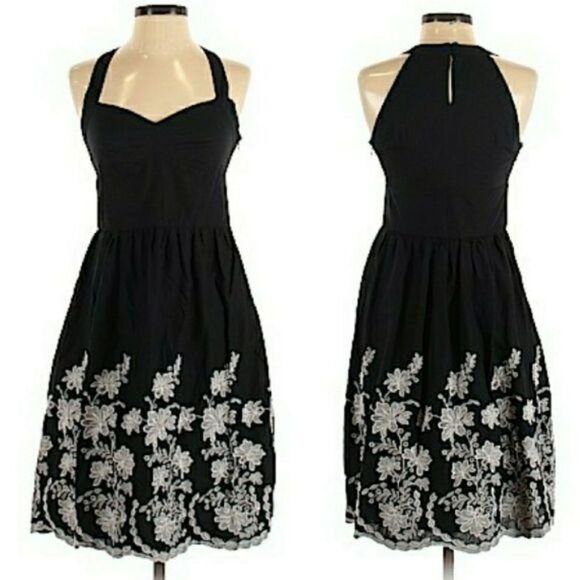 Loft Retro 60's Sweetheart Halter Embroidered Apron Fit & Flare Dress Black Sz 2 - Picture 10 of 10